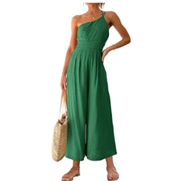 Women’s Aisbei Green Wide Leg One Shoulder Adjustable Strap Jumpsuit w/ Pockets - Picture 4 of 4